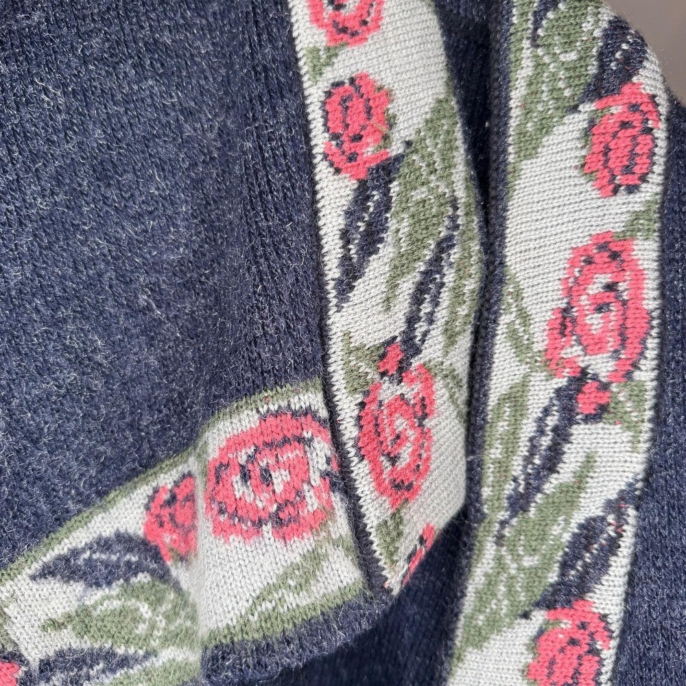 Vtg What? Decision Mexico Knit Rose Cardigan Sweater L/XL‎ Navy Floral Boho